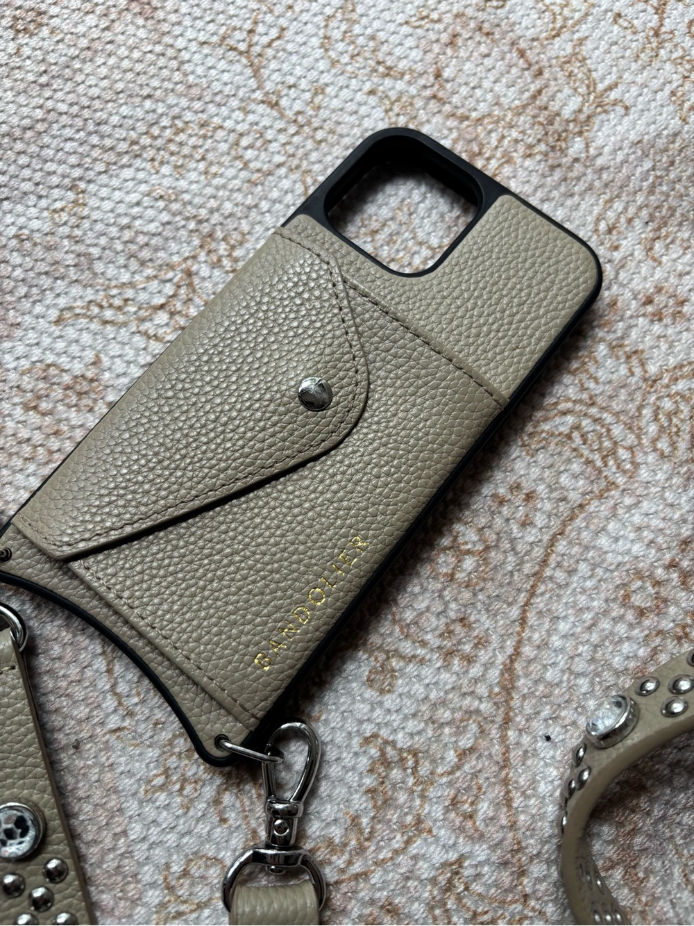 Bandolier Taupe Pebbled Leather Phone Case with Card Pocket & Strap